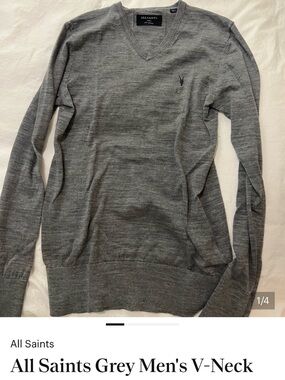 All Saints Grey V-Neck Sweater - Men's Lightweight Knit